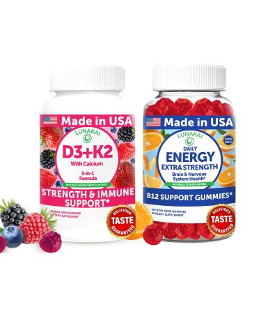 Lunakai USA Made D3+K2 with Calcium & Energy B12 Gummies Bundle Vegan Non-GMO 60 Gummies Each