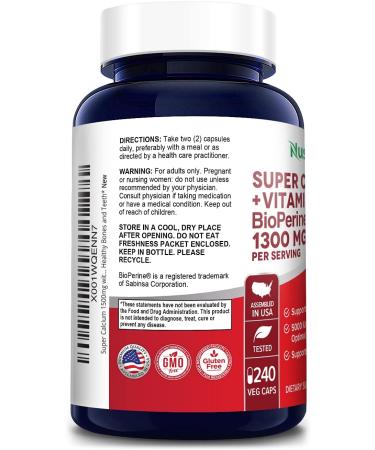 NusaPure Super Calcium 1300mg with Vitamin D3 & Bioperine | 240 Veggie Caps | Non-GMO & Gluten-Free - Buy Online on GoSupps.com