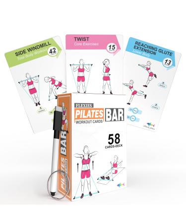 Flexies Pilates Bar Workout Cards - 58 Exercise Cards with Pilates Stick Work Out Postures, Instructions & Breathing Tips | Free Ring & Dry-Erase Marker to Create Your Customize Workout Planner chart
