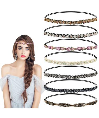 Befirys 7 Pcs Rhinestone Beaded Headbands  Fashionable Crystal Beaded Elastic hairbands for Women Girls Hair Jewelry Accessories
