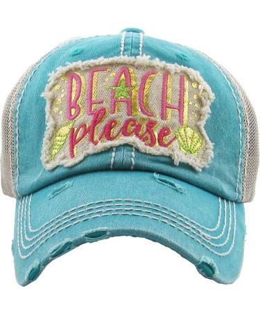 Funky Junque Womens Baseball Cap Distressed Vintage Unconstructed Embroidered Patch Hat Beach Please Metallic - Teal