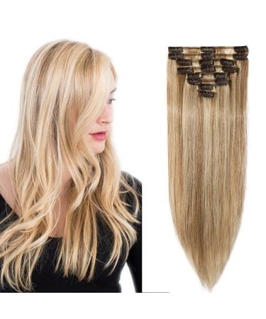 SEGO clip in hair extension real hair 8 bricks thin extensions 100% remy human hair hair part cheap smooth white brown/light blond#12P613-1 22 "(56cm) -75g
