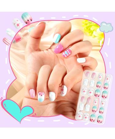 96 Pcs Kids Stick on Nails - Cartoon Press on Fake Nail Tips for Girls | Children's Pre-glued False Nails for Nails Art Decoration (Striped) - Buy Online on GoSupps.com