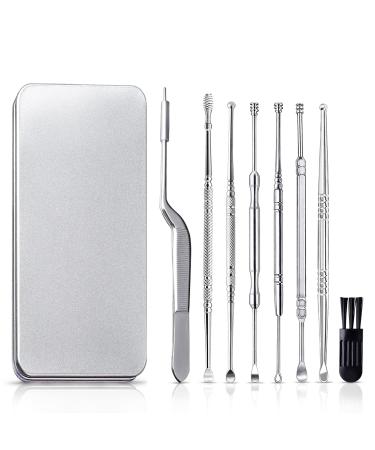 Ear Wax Removal - 7 in 1 Stainless Steel Ear Pick Multifunctional Earwax Removal Kit with Cleaning Brush and Storage Box Silver