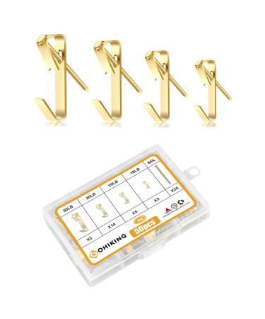 Picture Hanging Hooks, 50 Pcs Heavy Duty 10-50 lbs Picture Hangers Hardware kit with Nails for Picture Frame, Canvas, Mirror Hanging Decoration 10-50LB GLD