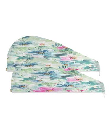 Flowers Watercolor Dry Hair Cap 2 Piece Quick Drying Towel Set with Button Headband Super Absorbent Soft & Comfortable