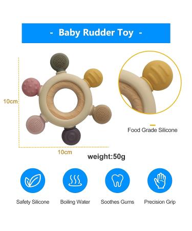 Arudyo Silicone Rudder Teether with Wooden Ring for Babies - BPA Free, Soothing Teething Toy (Khaki) - Buy Online on GoSupps.com