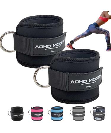 AOHO MOOON Comfortable Adjustable Padded Ankle Wrist Cuffs Neoprene Padded Straps D-Ring Glute Kickback for Cable Machine, Ideal for Glutes Exercises Black - Pair