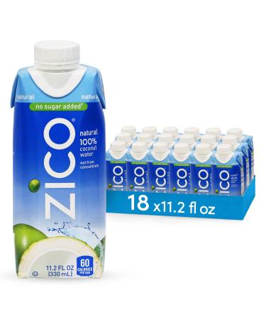 ZICO 100% Coconut Water Drink - 18 Pack, Natural Flavored - No Sugar Added, Gluten-Free - 330ml / 11.2 Fl Oz - Supports Hydration with Five Naturally Occurring Electrolytes - Not from Concentrate,11.2 Fl Oz (Pack of 18)