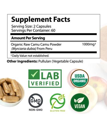 Organic Camu Camu Vitamin C Capsules 1000mg - Immune Support & Anti-Aging Supplement - Vegan Non-GMO - 120 Count - Buy Online on GoSupps.com