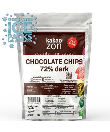 KakaoZon 72% Dark Chocolate Chips | Gluten-Free | Vegan | Non-GMO | Free of all major allergens | Directly Traded | 2.2 lbs (1 kg) 72% Dark Chocolate Chips 2.2 Pound (Pack of 1)