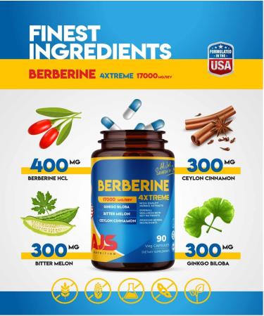 AJS Berberine Supplement with Ceylon Cinnamon & Ginkgo Biloba - Blood Sugar Support Supplement High Potency Berberine HCl 400mg + Bitter Melon Extract 90 Capsules 45 Days Supply 90 Count (Pack of 1) - Buy Online on GoSupps.com