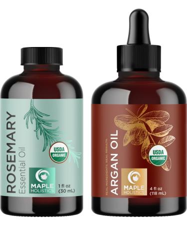 Organic Rosemary and Organic Argan Oils - Certified Organic Rosemary Essential Oil for Hair Plus Organic Argan Oil for Hair Skin and Nails - Pure Organic Face Hair and Body Oils for Men and Women