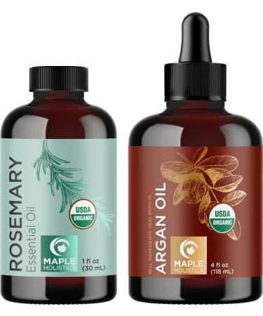 Organic Rosemary and Organic Argan Oils - Certified Organic Rosemary Essential Oil for Hair Plus Organic Argan Oil for Hair Skin and Nails - Pure Organic Face Hair and Body Oils for Men and Women