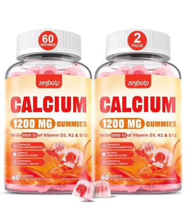 Calcium 1200 mg with Vitamin D3 Supplement for Adults - Calcium Gummies with Vitamin D3 5000IU, K2, B12 for Women Men - Extra Absorption Calcium Citrate - Natural Strawberry Flavor, 120 Gummies Strawberry 60 Count (Pack of 2)