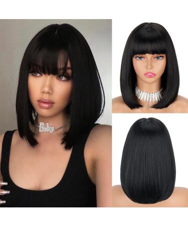 LINGHANG Short Black Bob Wigs with Bangs  Synthetic Straight Bob Wigs for Women  Natural Looking Black Short Bob Wig Heat Resistant Colorful Halloween Bob Wigs for Daily Party