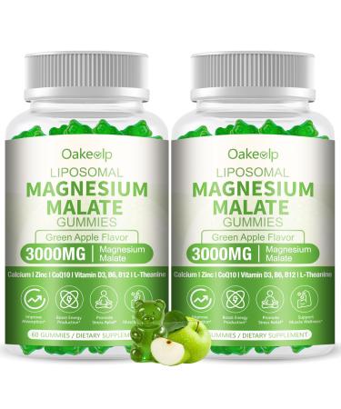 2 Pack Liposomal 3000mg Magnesium Malate Gummies Supplement Complex Creatine Monohydrate Folate Active B12 & D3 L-Theanine & CoQ10 for Stress Relief Methylation Energy Muscle & Calm Green Apple 60 Count (Pack of 2)