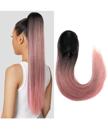 SEIKEA 28" Drawstring Ponytail Extension for Black Women Long Straight Fake Hair Natural Soft Clip in Hair Extensions Synthetic Heat Resistant Hairpiece Natural Black/Pink 28 Inch 155G (Pack of 1) Natural Black/Pink