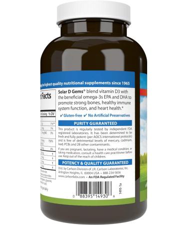 Carlson - Solar D Gems Vitamin D3 and Omega-3 Supplement 6000 IU (150 mcg) Vitamin D3 115 mg Omega-3s EPA and DHA Supplement Wild Caught Sustainably Sourced Lemon 360 Softgels 360 Count (Pack of 1) - Buy Online on GoSupps.com