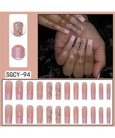 24pcs Long Coffin Ballerina False Nails with Glue - Full Cover Press on Cool Fake Nails for Women Girls - Splicing Heart Rhinestones Manicure - Buy Online on GoSupps.com