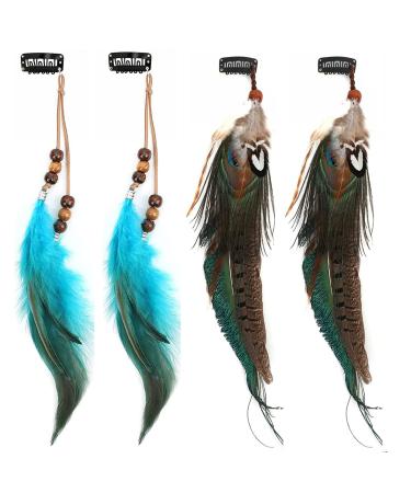 MWOOT 6Pcs Clip In Feather Hair Extensions Peacock Feathers Extension for Women Halloween Costume Carnival Cosplay Party Headdress Handmade Bohemian Hippie Hair Clip Blue Feather Clips