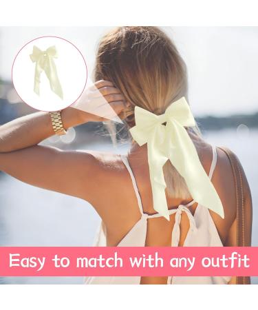 Nuqin Ribbon White Hair Bow White Bow Long Tail French Ribbon White Hair Bow Soft Silky Satin White Bow Hair Clip with Metal Clip for Party Women Girls(Off White) - Buy Online on GoSupps.com