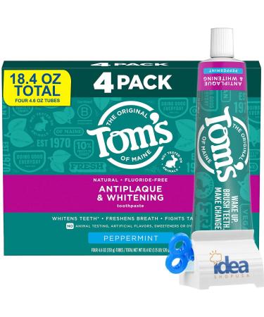 Tom's-of-Maine Antiplaque & Whitening Peppermint Natural Toothpaste Fluoride-Free 4.6 oz (4-Pack 18.4 oz Total) Bonus Idea Shop USA Toothpaste Squeeze 4.6 Ounce (Pack of 4)
