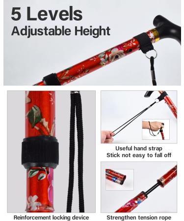 SPDYCESS Foldable Walking Stick - Adjustable Ergonomic Aluminum Hiking Pole for Travel Non-Slip Handle Flower Pattern - Perfect for Seniors Men & Women - Portable Red Design - Buy Online on GoSupps.com