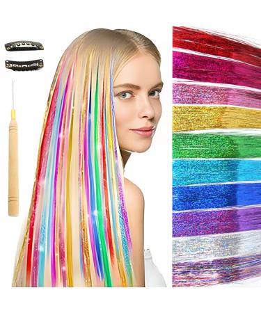 Dsoar 1600 Strands Glitter Hair Tinsel Extensions 36 Inch 10 Colors Hair Strands Kit Sparkling Shiny Hair Flair Party Highlights Heat Resistant Extensions Bling Synthetic Hairpieces for Women Girls Hair Tinsel Strands 10 colors