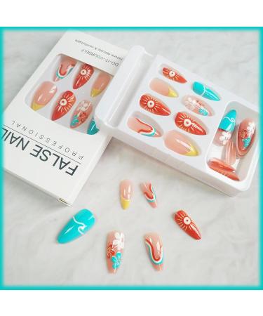 Buy 24Pcs Summer Sun Press On Nails - French Tips Medium Almond Acrylic Fake Nails with Waves Design for Women & Girls | Glossy Colorful Curve Line Manicure Art - Buy Online on GoSupps.com