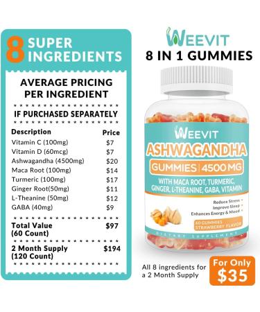 Organic Ashwagandha Gummies with Maca Root Powder - 4500mg for Sleep, Stress Relief, Energy Boost - 2-Pack (60 Count Each) - Buy Online on GoSupps.com