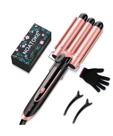 NOATOKE Hair Waver 3 Barrel Curling Iron 1 Inch Three Barrel Hair Crimper Wand with 30S PTC Fast Heating Hairstyler with Dual Adjustable Temps Dual Voltage Auto Shut-Off and Anti-Scald Tip 3 barrel Pink
