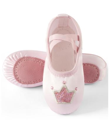 TRIPLE DEER Ballet Shoes for Girls, Satin Dance Practice Slippers Split Soft Leather Flat Sole Yoga Gymnastics Shoes (Toddler/Little/Big Kid) 10 Toddler Pink Crown