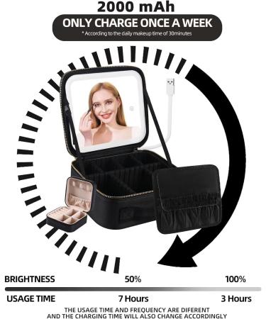 Portable Travel Makeup Case with LED Light Mirror | Waterproof Cosmetic Bag with Adjustable Brightness | Professional Organizer with Dividers - Black - Buy Online on GoSupps.com