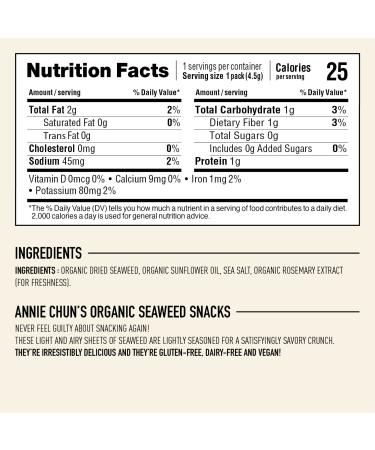 Annie Chun's Organic Seaweed Sea Salt Snack, Keto Vegan & Gluten-Free, 0.16 oz (12 Pack) - Buy Online on GoSupps.com