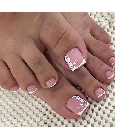 24Pcs Pink Press on Toenails White Tip Fake Toe Nails with Cute Flower Design Acrylic Glue on Toe Nails Glossy Full Cover Summer False Toe Static Nails for Women Girls DIY Decorations pink white flower