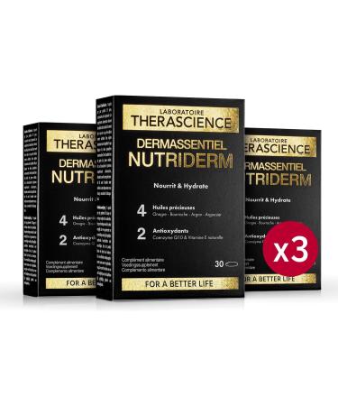 DERMASSENTIEL NUTRIDERM Lot de 3 | Nourrit & Hydrate | Argan Onagre Bourrache Argousier | Hautement concentr en Omegas 3 6 7 9 | Coenzyme Q10 + Vitamine E antioxydants | 90 Capsules | THERASCIENCE