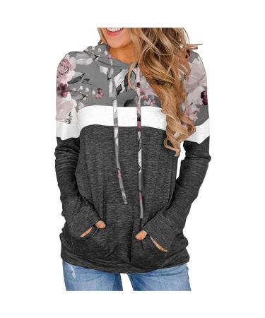Women's Color Block Pullover Hoodies with Pockets Athletic Sweatshirts Drawstring Hooded Tops Long Sleeve Casual Blouse A05_dark Gray Large