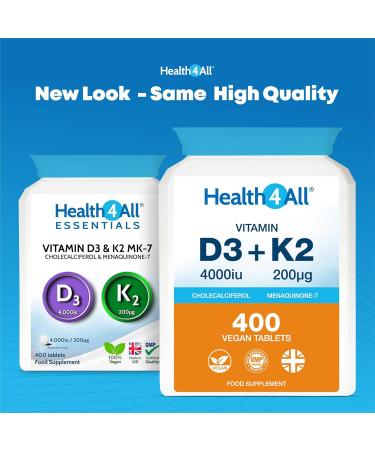 Health4All Vitamin D3 4000iu & Vitamin K2 200ug (Natural MK7) 400 Tablets (1+ Year Supply) Vegan Vitamin D3 K2 Supplement High Strength MK-7 from Natto Made in The UK - Buy Online on GoSupps.com