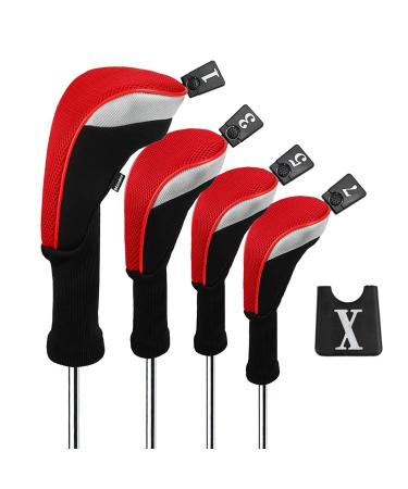 Andux 4pcs/Set Golf 460cc Driver Wood Club Head Covers Long Neck with Interchangeable No. Tags Red