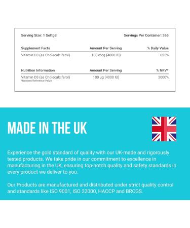 ivvion Preservative-Free Vitamin D3 4000 IU (100 g) Softgel 1 Year Supply High Strength Cholecalciferol | Gluten Free Non-GMO | Supports Immune System Bones Teeth & Muscles | UK Made 365 Count - Buy Online on GoSupps.com