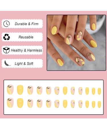 24pcs Short Oval French Tip Yellow Lemon False Nails - Glossy Removable Fake Nails for Women and Girls - Buy Online on GoSupps.com