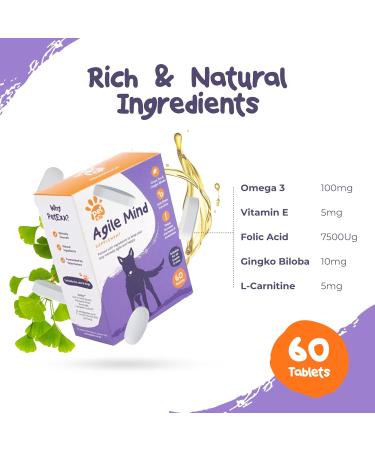 PetExx Agile Mind Supplement for Senior Cats and Dogs with Omega 3, CoQ10, Gingko Biloba, Vitamin B6, B12, D3, and E - UK Made - Buy Online on GoSupps.com