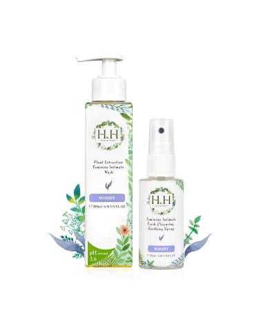 Feminine Wash + Vaginal Deodorant Spray - Natural Essential Oil Scent pH Balance Vaginal Wash HH Herb&Health-(Woody)