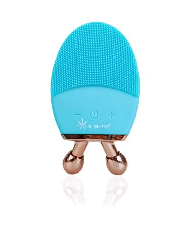 Sunseaton Sonic Face cleaning brush facial cleaning brush with double roller-multifunction silicone electricity massager (blue)