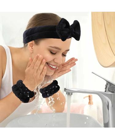 WSYUB 1pc Black Fluffy Bow Tie Makeup Headband + 2pc Absorbent Wrist Spa Wash Band Set | Microfiber Face Headband for Skin Care - Buy Online on GoSupps.com