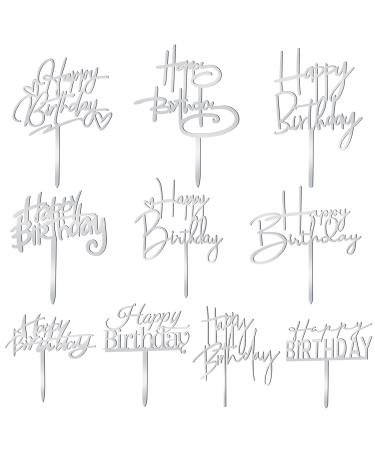 10 PCS Silver Happy Birthday Cake Topper Acrylic Cupcake Topper Birthday Supplies Decorations