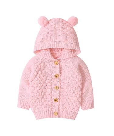 puseky Baby Boys Girls Knit Sweater Hooded Ears Warm Cardigan Coat Tops Jacket Outwear 0-6 Months Pink