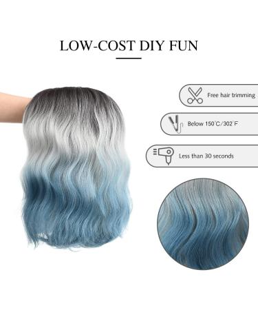 Yamel Wavy Bob Wig with Bangs - Natural Ombre Silver Blue Synthetic Hair Shoulder Length Short Curly Wig for Women - Buy Online on GoSupps.com