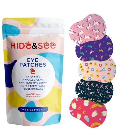 Kids Eye Patches (Unicorn) HIDE&SEE- Adhesive Eye Patches for Babies, Kids and Adults. One Size fits All. Latex Free, Hypoallergenic, Light Blocking Design and Biodegradable (50 per Bag).